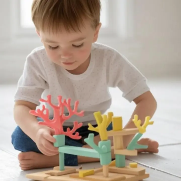 Gyermek koncentráltan játszik építőjátékkal, megörökítve az autentikus öröm pillanatát