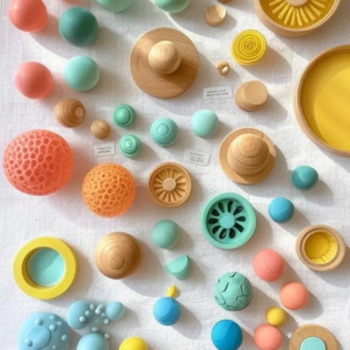 Fejlődési fókuszú kollekciók finommotorika és szenzoros játékok lapos felvételen