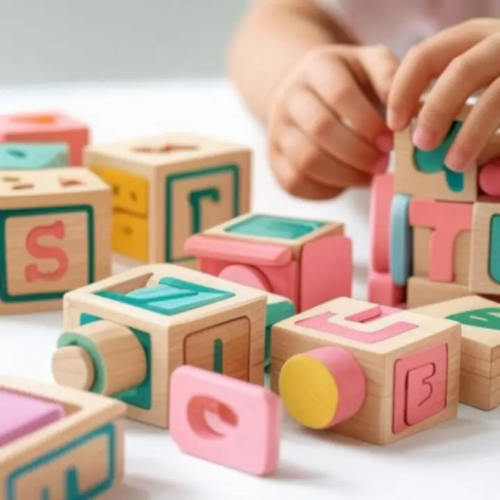 Oktatási játékok kollekciója fa puzzle-k és számolós játékok tálcán elrendezve